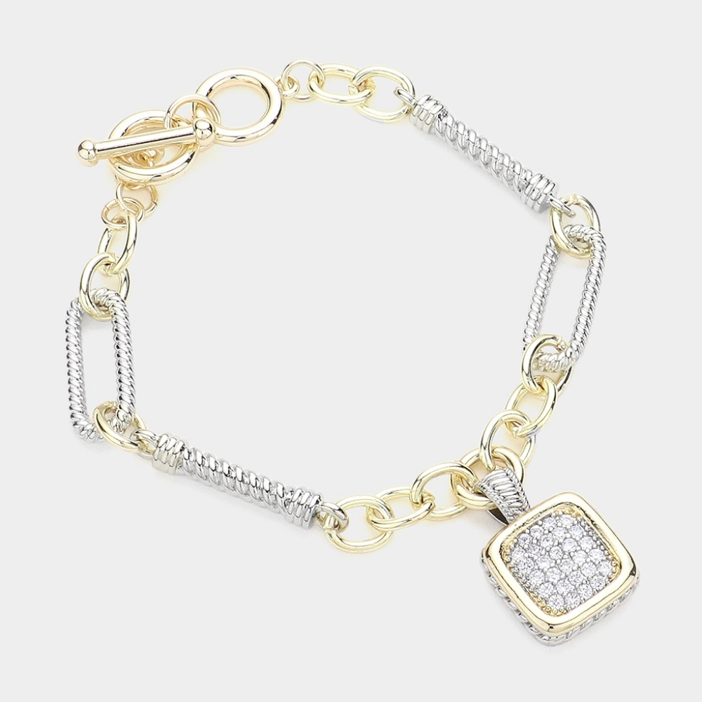 Two Tone CZ 14K Gold Plated Square Pendant Chain Link Charm Bracelet Silver